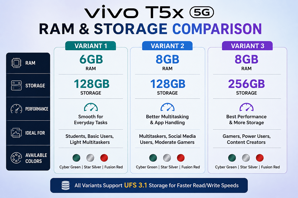 Vivo T5x 5G RAM and storage variants comparison
