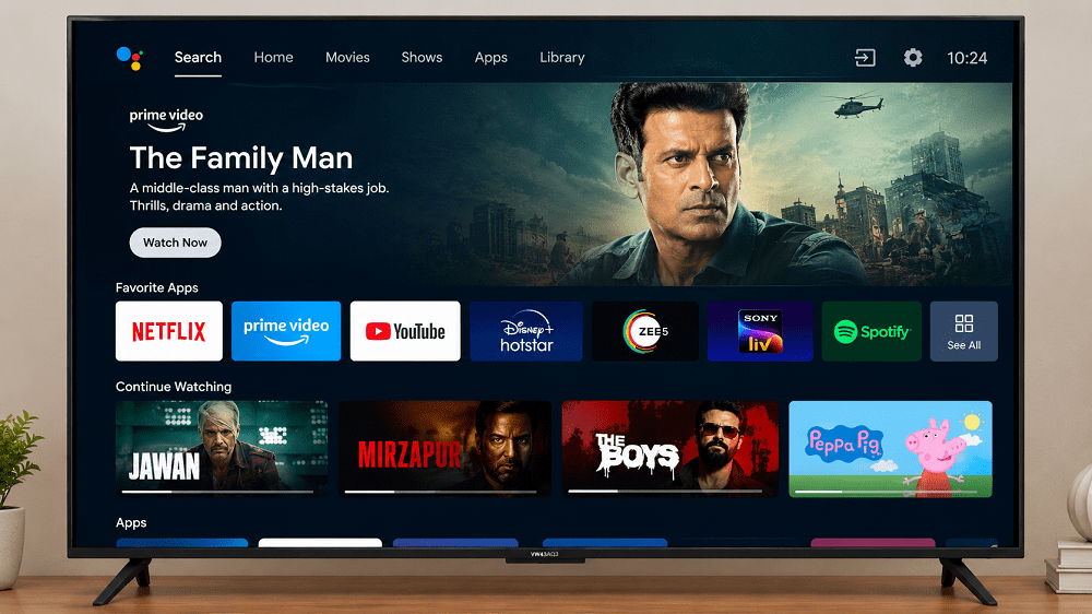 VW43AQ3 Android TV interface with popular OTT streaming apps