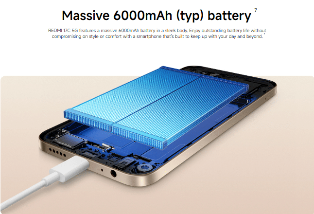 Redmi 17C 5G 6000mAh battery with 33W fast charging