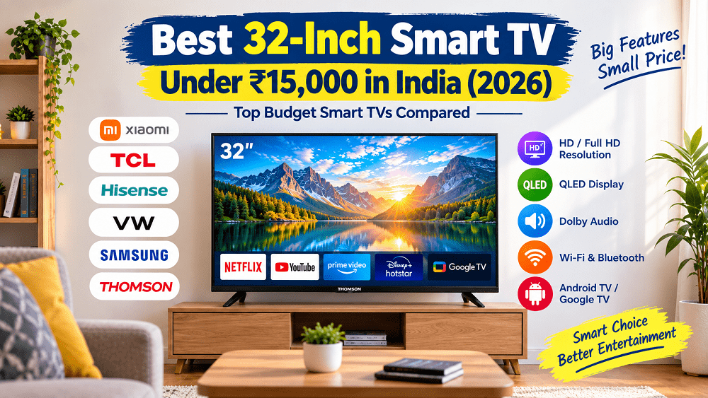 Best 32-Inch Smart TV Under ₹15,000 in India (2026) featuring top budget Smart TVs from Xiaomi, TCL, Hisense, VW, Samsung and thomson