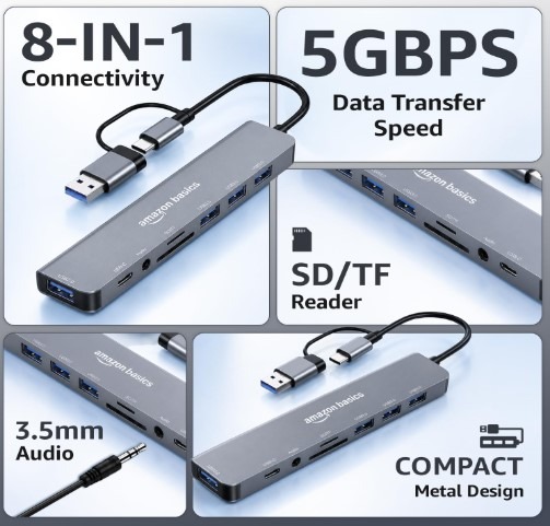 Amazon Basics 8-in-1 USB Hub with 5Gbps data transfer, SD TF card reader, 3.5mm audio and compact metal design
