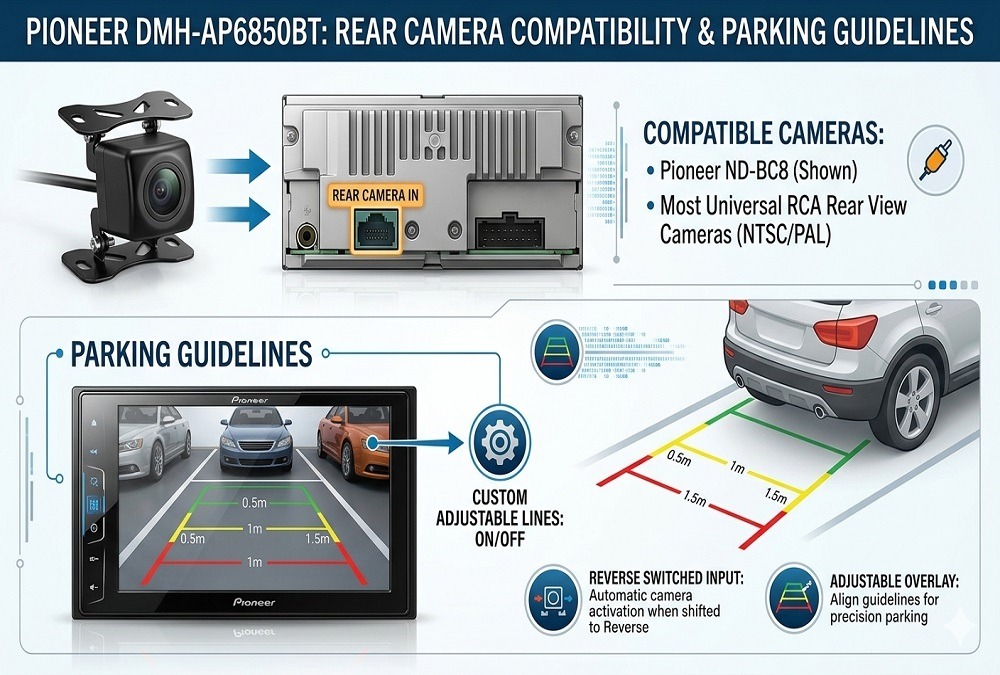 Pioneer DMH-AP6850BT rear camera compatibility and parking guidelines
