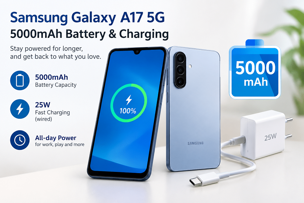 Samsung Galaxy A17 5G with a 5,000mAh battery and 25W wired charging support.